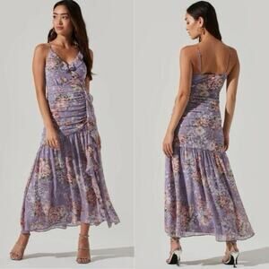 Anthro ASTR Kiana ruffle maxi dress Sz Large Lavander floral fairy core feminine